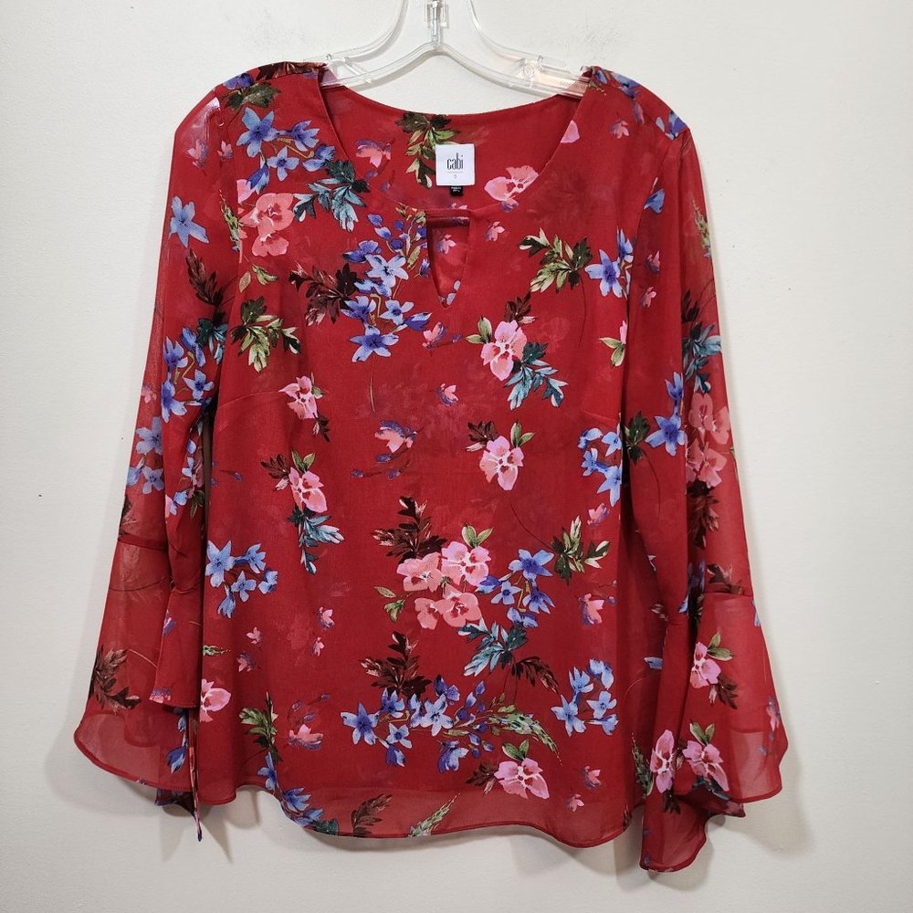Cabi devoted floral print keyhole front sheer bell slit sleeves blouse woman's S